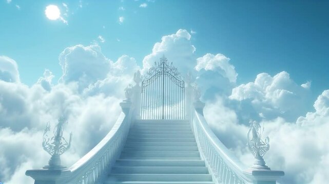 Heavenly staircase and gate surrounded by clouds a symbol of paradise and serenity