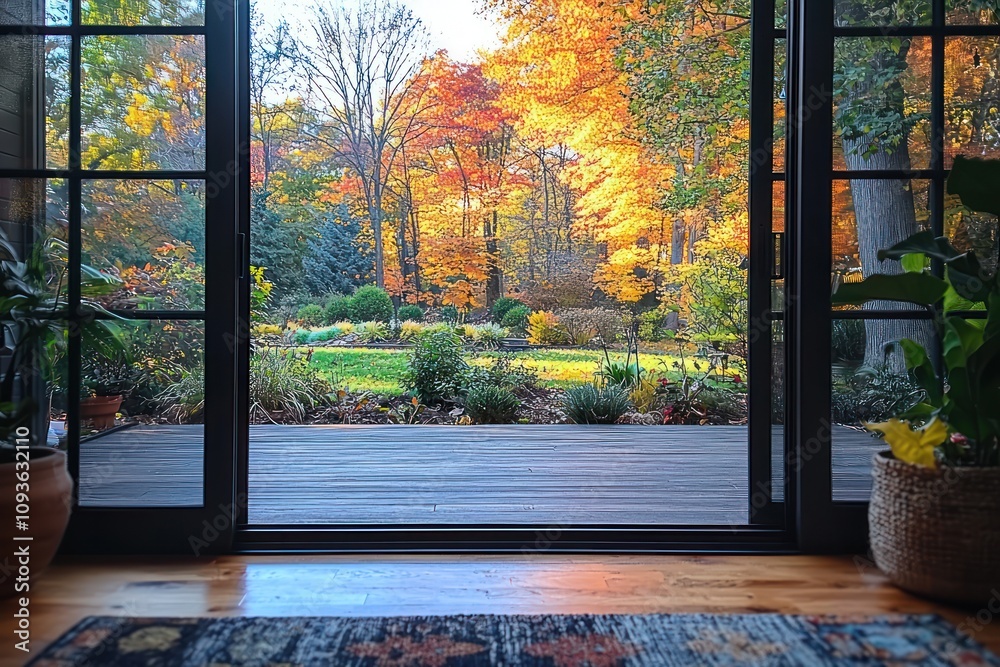 Poster a view through a window of an autumnal forest