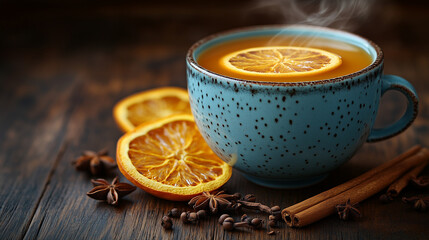 Blue Ceramic Mug of Spiced Orange Tea with Cinnamon & Star Anise on Rustic Table