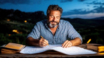 man is intently studying maps while enjoying the peaceful twilight outdoors, surrounded by mountains and faint lights in the distance, illustrating a moment of exploration