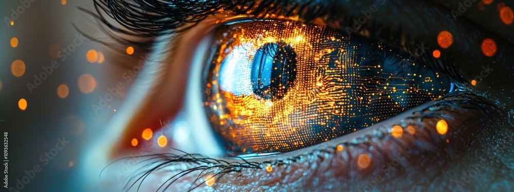 Poster human eye with glowing circuitry pattern