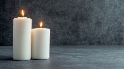 Two white candles flicker gently, illuminating a dark, textured background. The warm light enhances the tranquil setting, perfect for creating a calming atmosphere or for moments of reflection