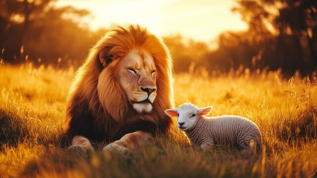 Jesus christ the duality of the lamb of sacrifice and the lion of triumph in a sunset meadow

