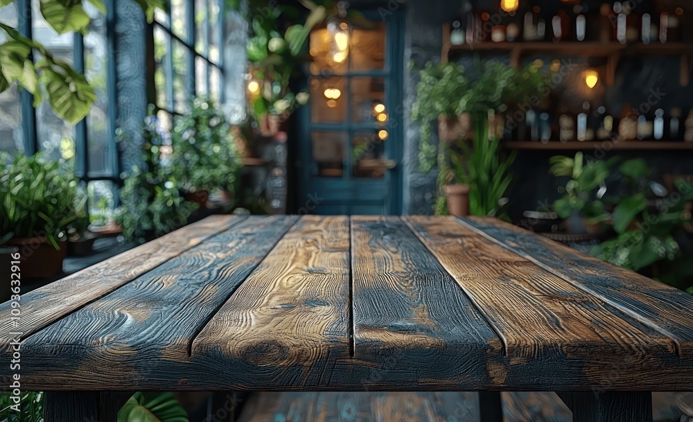 Poster rustic wooden tabletop with blurred background of indoor greenery and lights