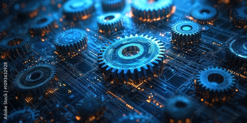 Poster close-up of interlocking gears on a blue and orange circuit board