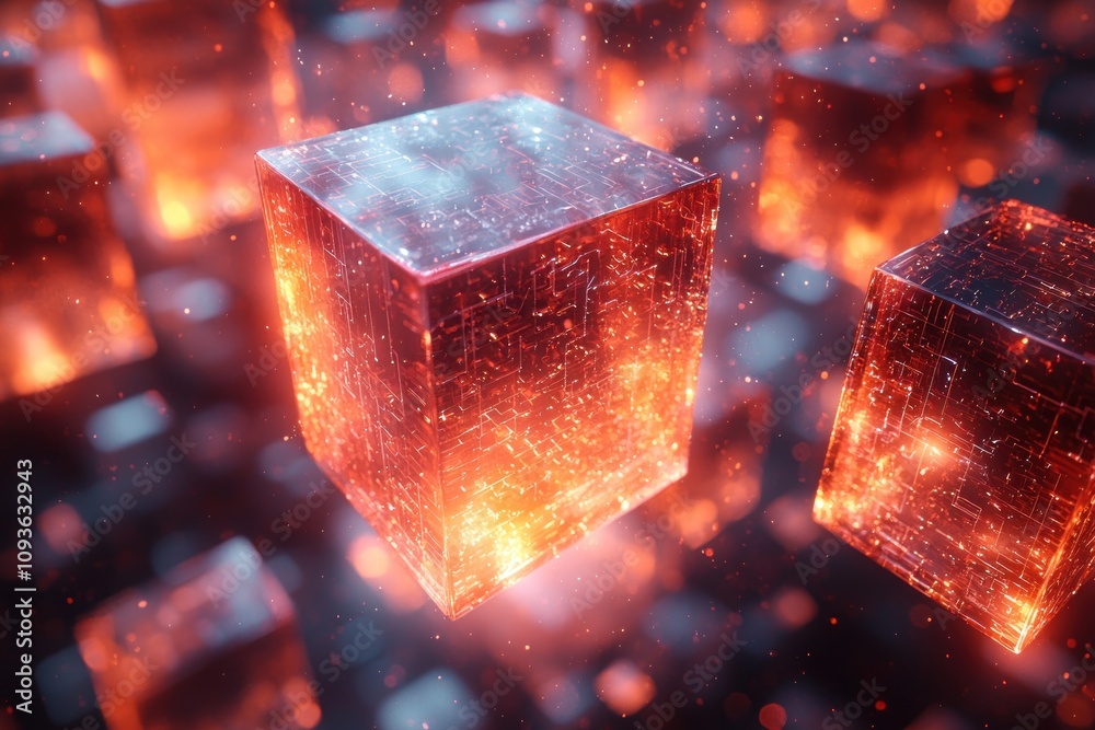 Poster Glowing Red Cube with Circuitry Pattern and Sparkles
