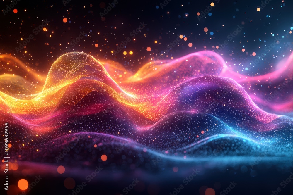 Poster Abstract Wavy Surface with Glittering Particles and Bokeh Lights