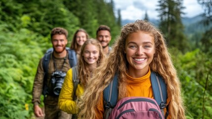 group of five young hikers smiles brightly as they trek along a forest trail surrounded by greenery and distant mountains under a clear sky