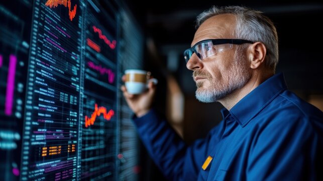 focused man observes colorful financial charts and data on multiple digital screens in a contemporary office, holding a coffee cup, engaged in analytics work