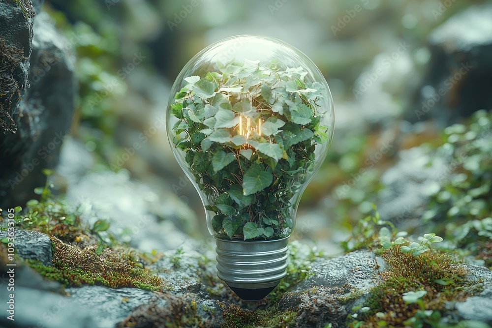 Poster light bulb filled with green plants in a forest setting