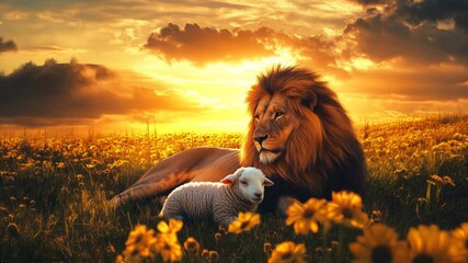 Jesus christ the duality of the lamb of sacrifice and the lion of triumph at sunset

