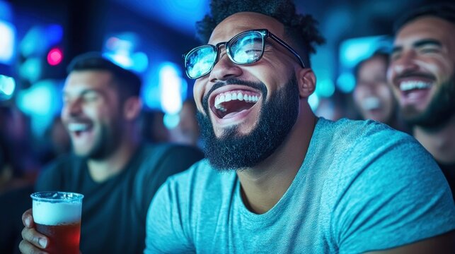group of friends is experiencing a joyful night at a local bar