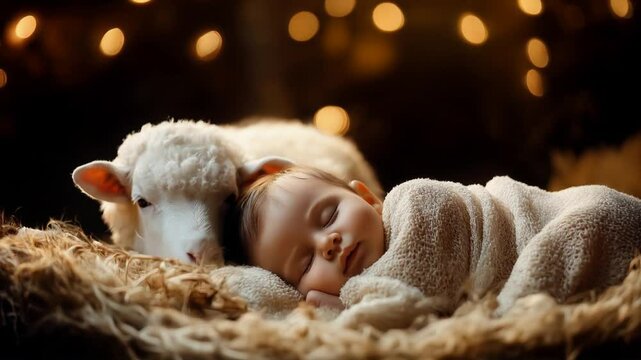 Newborn jesus in manger peaceful holy night scene with sleeping baby and sheep in darkness

