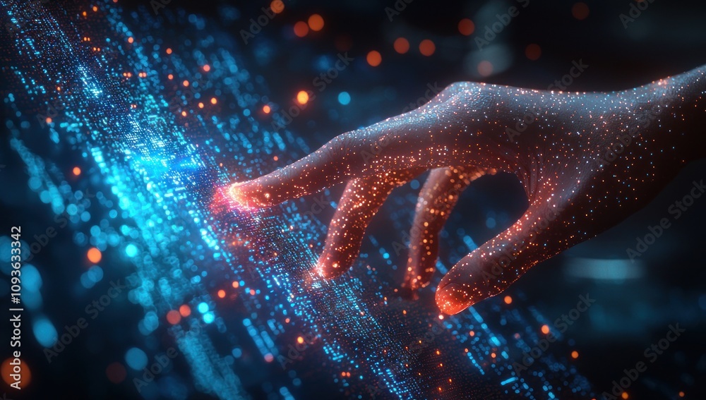 Poster fingertip interacting with a digital interface composed of blue and orange lights
