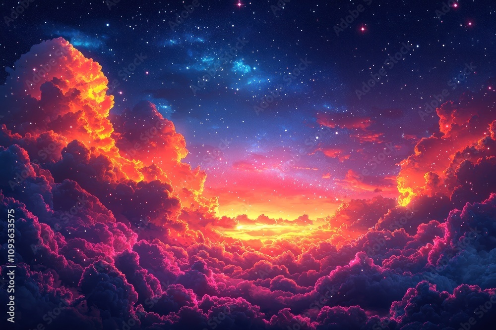 Poster a night sky with pink and orange clouds illuminated by a distant light source
