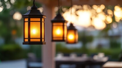 Warm hanging lanterns in a dining gazebo, magical evening ambiance