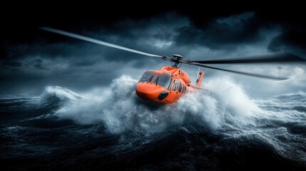 A bright orange rescue helicopter hovers above choppy ocean waves in stormy weather, showcasing the challenging conditions faced by rescue teams during emergencies at dusk