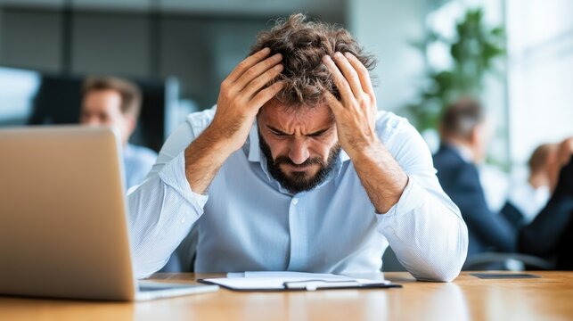 visibly stressed businessman sits at a conference table, gripping his head in frustration - Powered by Adobe