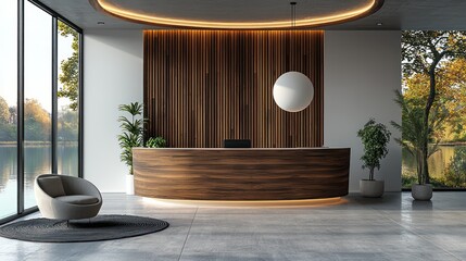 Modern Lobby Interior with Reception Desk, Wooden Wall, and Large Windows