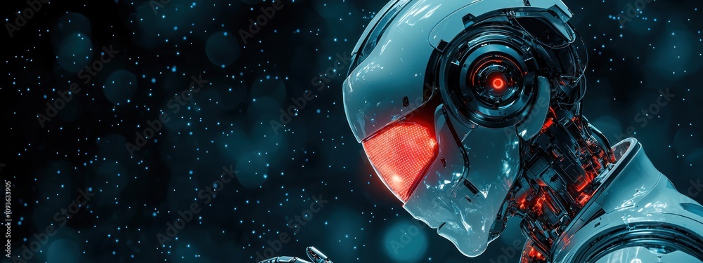 Poster close-up of a robotic head with red glowing eyes and mechanical components