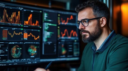 financial analyst examines various market trends and data visualizations on multiple screens in a contemporary office setting, focusing intently during the evening hours