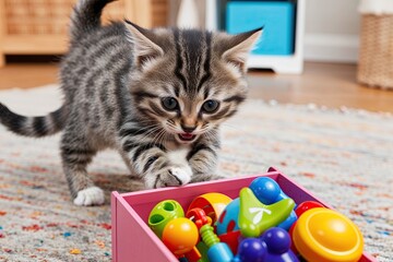 Curious Kitten Discovering Toys in a Happy Playroom Environment