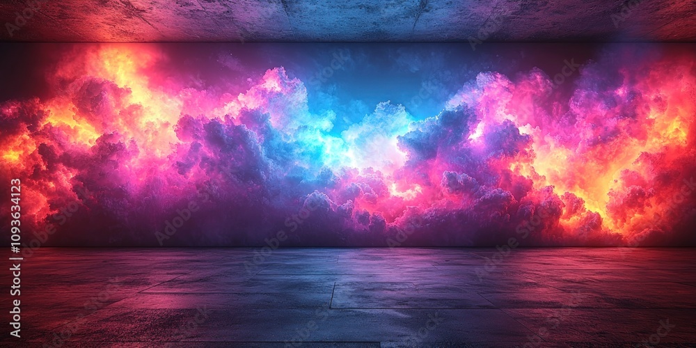Poster a concrete floor illuminated by neon clouds in a dark room