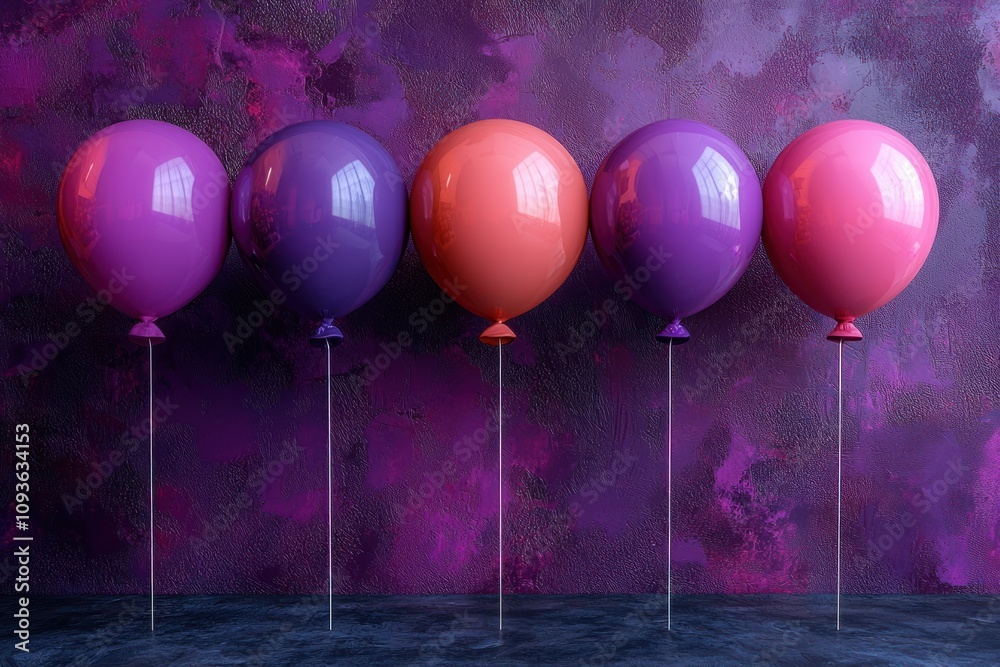Poster five balloons tied with strings in front of a purple wall