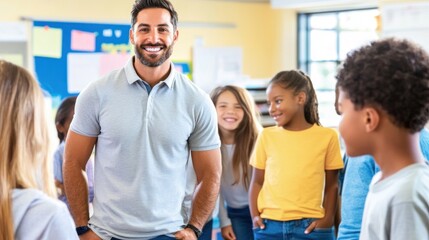 A teacher smiles as he engages with a group of happy students in a bright classroom. Children display excitement and curiosity during an interactive learning session