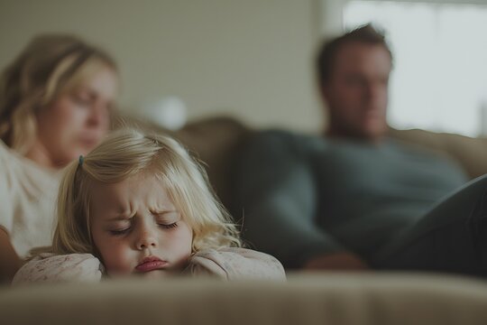 Upset frustrated little girl tired of parent fight, toddler daughter holding toy dreaming that family conflicts would stop, suffering from mother and father quarrels, bad family relationship
