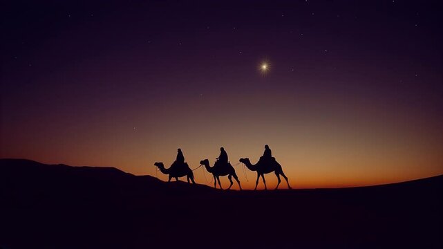 The three wise men journey through the night desert on camels, guided by a shining star