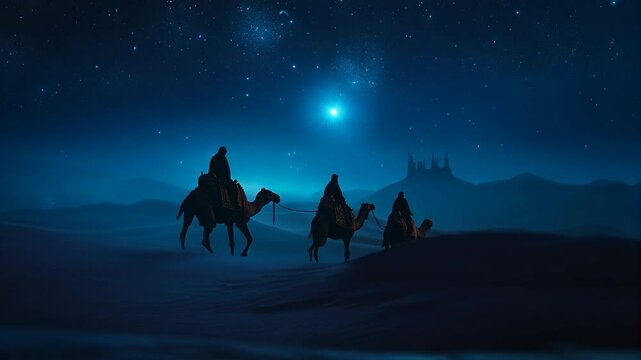 Three wise men journey on camels through the desert at night following a guiding star	