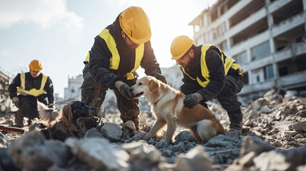 Rescue team members comforting scared dogs during a search and rescue operation after an earthquake disaster