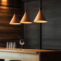 Warm pendant lights over a bar counter, cozy and inviting ambiance