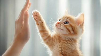 Ginger kitten happily high-fives a person's hand, displaying affection and companionship