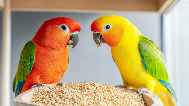 Vibrant sun conure and jenday conure parrots feasting on seeds at a wooden bird feeder