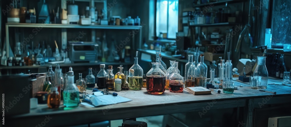 Poster assorted chemical bottles and glassware on a lab table
