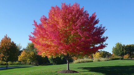 Naklejka premium Autumn Splendor: A Vibrant Red Maple Tree in a Sunny Meadow