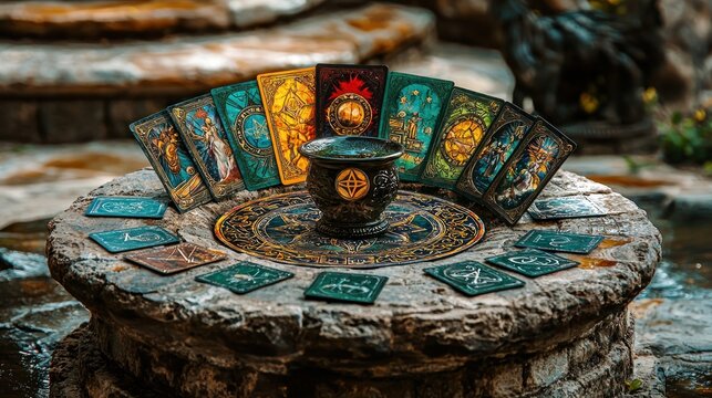Tarot cards spread on a stone table with a cauldron in the center.