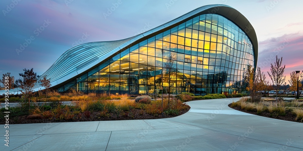 Poster modern glass and steel building with curved architecture and a walkway