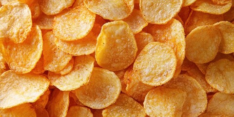 Close-up of a Pile of Golden Brown Potato Chips