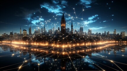 Obraz premium A virtual bank building icon with global connectivity, soft blue and white lighting, global network style, interconnected nodes and digital world map