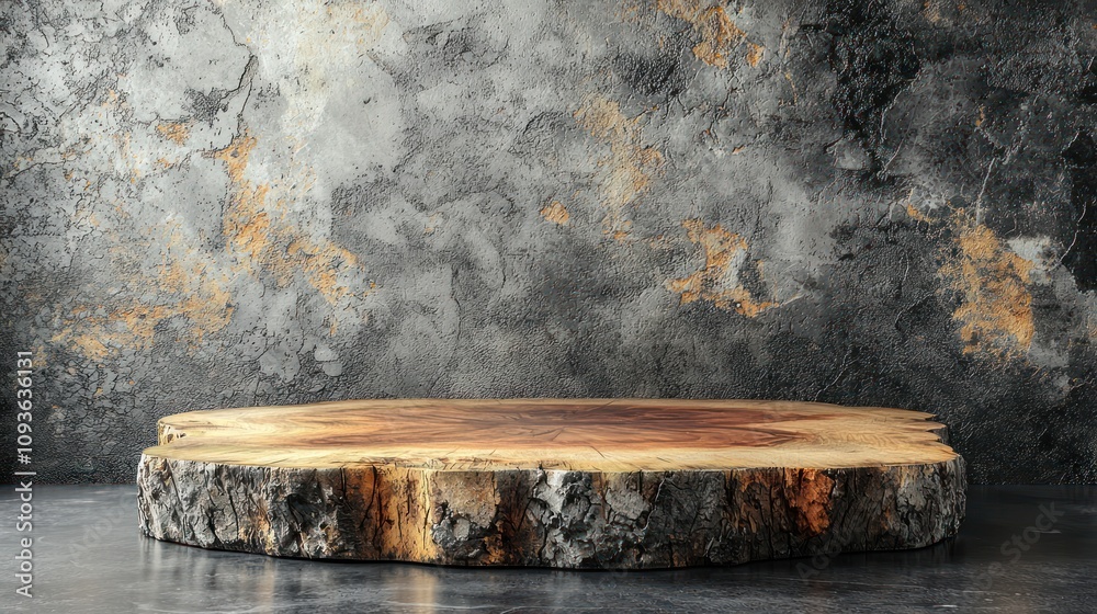 Poster rustic wooden slab display on a textured grey background