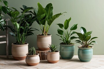 Fototapeta premium Stunning Indoor Plants in Ceramic Planters A Decor Collection for Green Spaces and Natural Growth