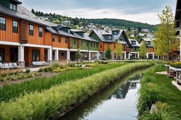 Fototapeta premium Town Aiming for Zero Emissions with Innovative Sustainability and Green Infrastructure Solutions