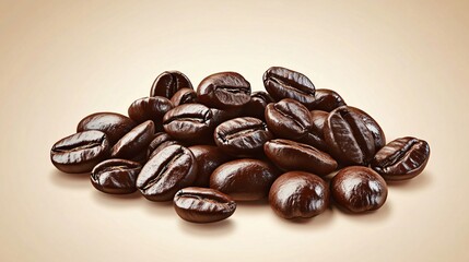Realistic arrangement of roasted coffee beans with their rich, dark brown color and glossy surface, neutral beige background