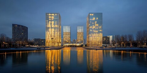 Obraz premium Illuminated Skyscrapers Reflected in a Calm Water Body at Twilight