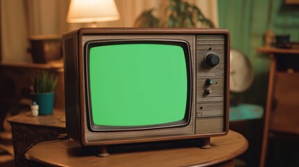 Vintage Television with Green Screen in Retro Living Room
