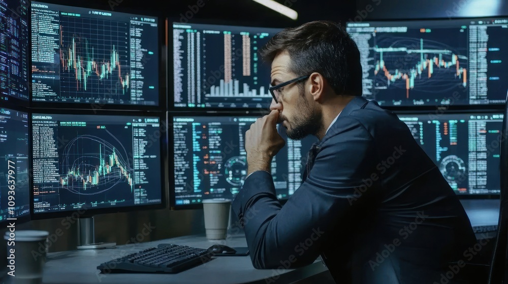 Poster Man in Suit Analyzes Stock Market Data on Multiple Monitors
