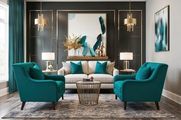 Modern 3D Interior Design with Teal Accent Chairs and Loveseat